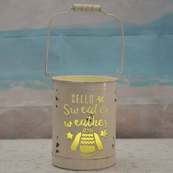 Fall Metal Distressed Lantern “HELLO Sweater Weather” with Color Changing Candle - Picture 1 of 4